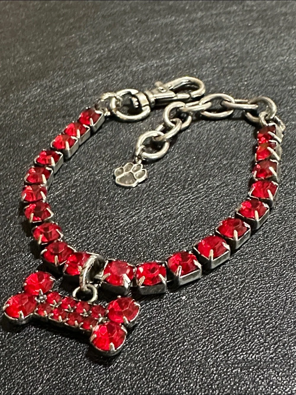 Red Rhinestone Silver Tone Small Dog Collar With Dangling Red Charm